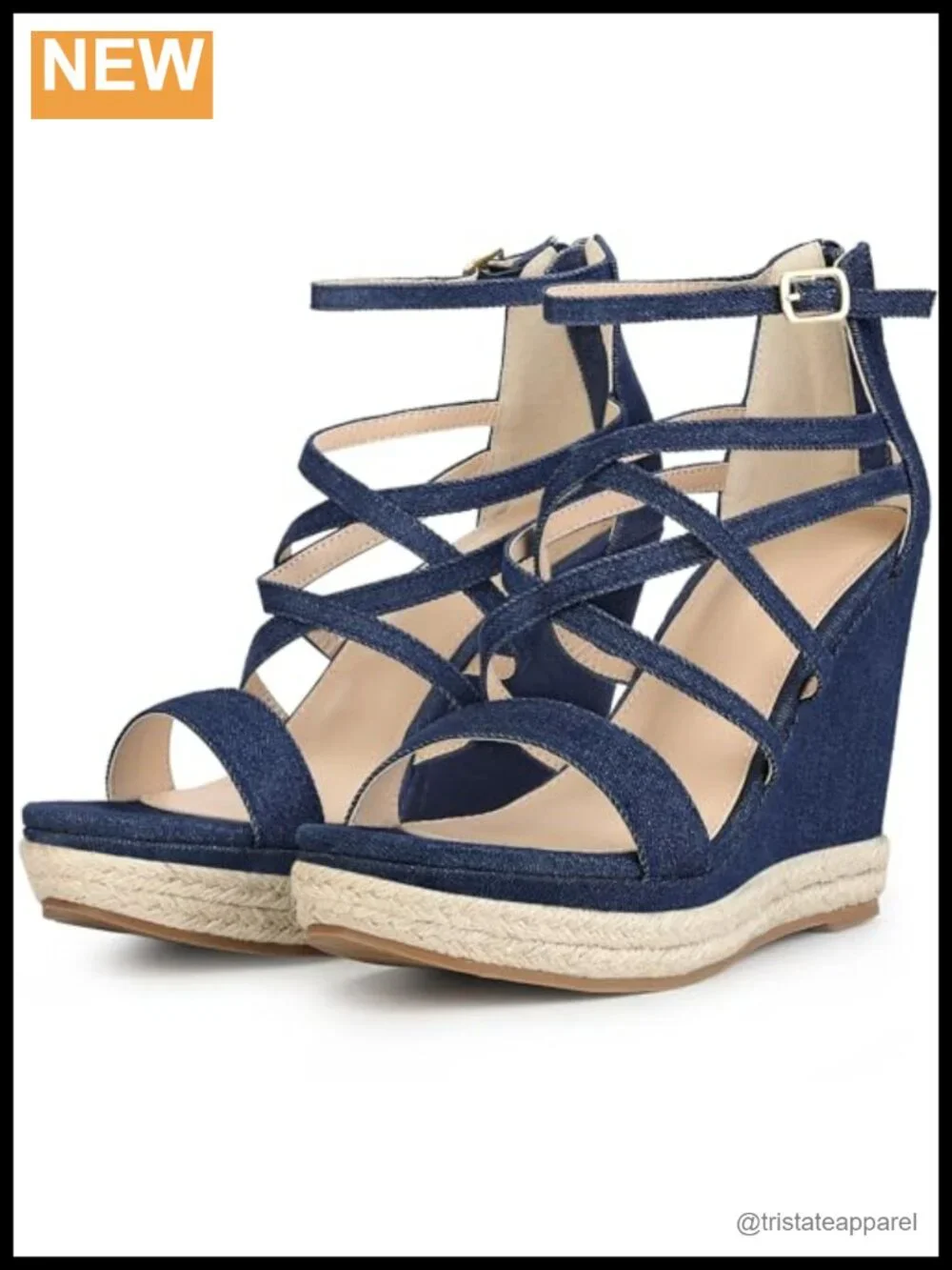 Platform Denim Heels Strappy Jeans Wedge Sandals with Ankle Strap